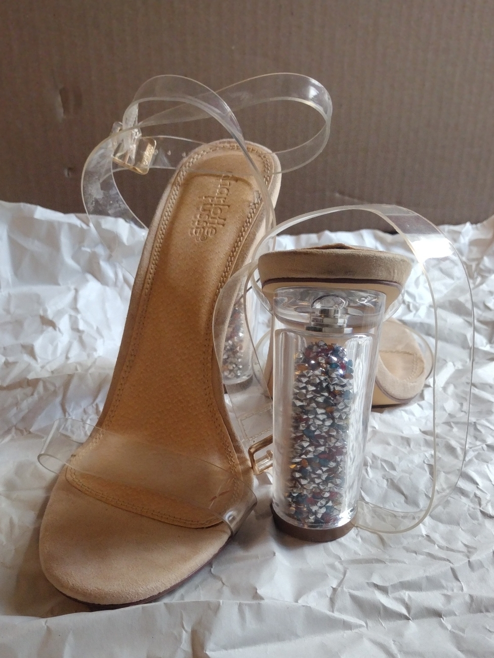 Charlotte Russe Clear Strap Nude Heels with Jewel Filled Heels Size 6